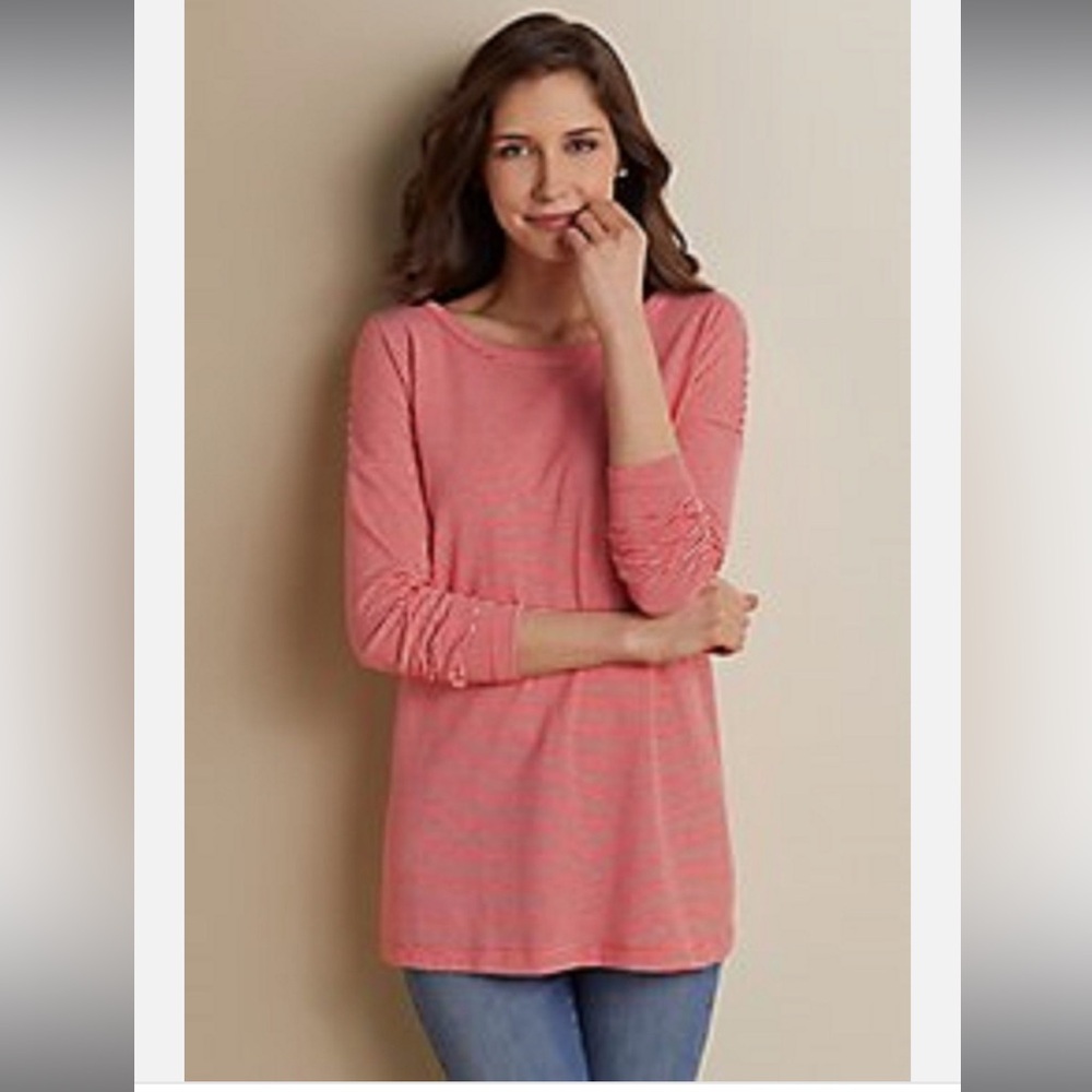 Soft Surroundings Micro Stripe Twist Back Tunic Blouse, Rose Coral/White, L - Picture 2 of 9